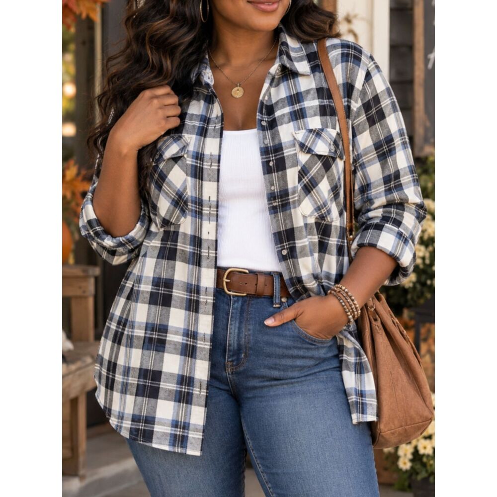 Eddie Bauer Women's XL Plaid Flannel Shirt Blue Black White Tencel Button Up